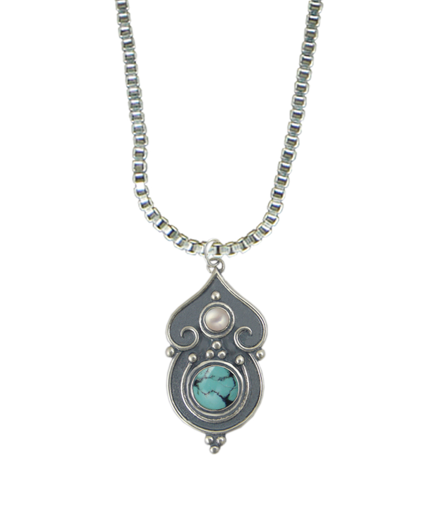Sterling Silver Necklace Chinese Turquoise And Cultured Freshwater Pearl